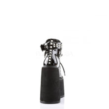 Load image into Gallery viewer, back view of black vinyl 5.5&quot; wedge platform Mary Jane style Lace-up front Wrap around style studded adjustable strap around ankle
