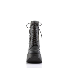 Load image into Gallery viewer, front side view of black vegan leather 5&quot; Star cut-out wedge platform with lace-up front ankle boot Features exposed ornamental zipper and studs at outer side with Inside zip closure

