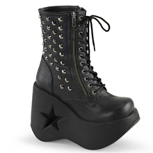 Load image into Gallery viewer, right side view of black vegan leather 5&quot; Star cut-out wedge platform with lace-up front ankle boot Features exposed ornamental zipper and studs at outer side with Inside zip closure
