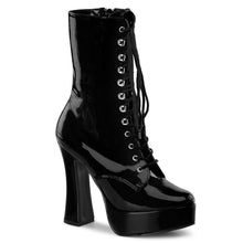 Load image into Gallery viewer, outer view of black vinyl 5&quot; stack heel with 1 1/2&quot; platform Lace-up front ankle boot with full inner side zipper
