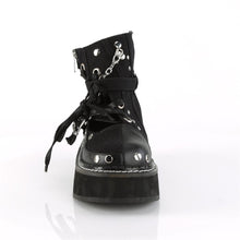 Load image into Gallery viewer, front view of Black vegan leather 2&quot; Platform Buckle strap ankle bootie Features outside cutout W/ strap, chain, stud and lace detailing with buckle &amp; snap closure
