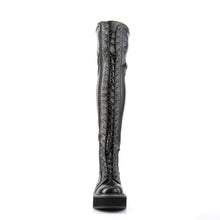 Load image into Gallery viewer, front side view of black vegan leather 2&quot; platform Straight thigh-high lace-up boot with outer metal zipper
