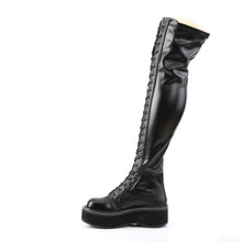Load image into Gallery viewer, outer side view of black vegan leather 2&quot; platform Straight thigh-high lace-up boot with outer metal zipper
