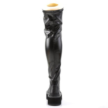 Load image into Gallery viewer, back side view of black vegan leather 2&quot; platform Straight thigh-high lace-up boot with outer metal zipper
