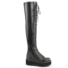 Load image into Gallery viewer, outer side view of black vegan leather 2&quot; platform Straight thigh-high lace-up boot with outer metal zipper
