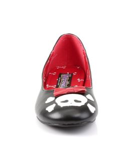 front view of Black vegan leather flats with skull and crossbone with red bow on front center of toe and cross bones on back left/right of shoe.