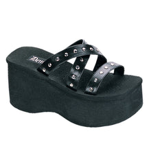 Load image into Gallery viewer, outer side view of black Vegan leather 3 1/2&quot; platform Sandal with three studded straps
