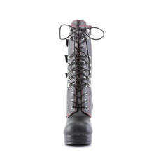 Load image into Gallery viewer, front side view of Black vegan leather with red stitching, 3 3/4&quot; Heel 1&quot; Platform Lace up front platform mid-calf boot with straps and full inner side zipper

