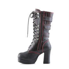Load image into Gallery viewer, inner side view of Black vegan leather with red stitching, 3 3/4&quot; Heel 1&quot; Platform Lace up front platform mid-calf boot with straps and full inner side zipper
