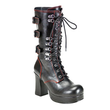 Load image into Gallery viewer, Outer side view of Black vegan leather with red stitching, 3 3/4&quot; Heel 1&quot; Platform Lace up front platform mid-calf boot with straps and full inner side zipper
