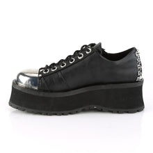 Load image into Gallery viewer, inner side view of black vegan leather 2 3/4&quot; platform Silver chrome plated metal toe cap Lace-up oxford w/ ornamental double metal zippers w/ lightening bolt zipper head Pyramid shaped plates on heel &amp; tongue with cone stud detailing
