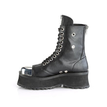 Load image into Gallery viewer, inner side view of black vegan leather 2 3/4&quot; platform Lace-up ankle boot Features matte black metal toe cap &amp; zipper details with back zip closure
