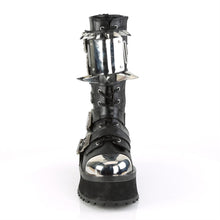 Load image into Gallery viewer, front side view of black vegan leather 3/4&quot; platform Silver chrome plated metal toe cap Lace-up mid-calf boot Features buckle straps &amp; cuff Features large silver chrome plate with large and small claw spikes and inside metal zip closure
