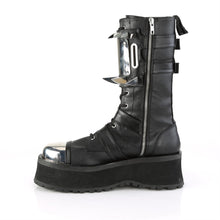 Load image into Gallery viewer, left side view of black vegan leather 3/4&quot; platform Silver chrome plated metal toe cap Lace-up mid-calf boot Features buckle straps &amp; cuff Features large silver chrome plate with large and small claw spikes and inside metal zip closure
