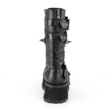 Load image into Gallery viewer, back side view of black vegan leather 3/4&quot; platform Silver chrome plated metal toe cap Lace-up mid-calf boot Features buckle straps &amp; cuff Features large silver chrome plate with large and small claw spikes and inside metal zip closure
