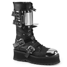 Load image into Gallery viewer, outer side view of black vegan leather 3/4&quot; platform Silver chrome plated metal toe cap Lace-up mid-calf boot Features buckle straps &amp; cuff Features large silver chrome plate with large and small claw spikes and inside metal zip closure
