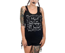 Load image into Gallery viewer, front of women&#39;s Black racerback tank top with text design on front middle that reads &quot;I, myself, ...am... Strange &amp; Unusual&quot;

