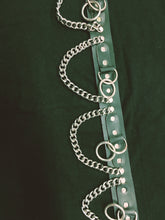 Load image into Gallery viewer, black bondage belt with silver hanging o rings and silver hanging chain
