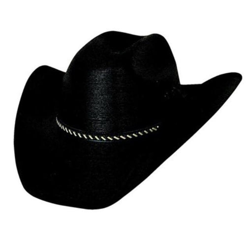 Black straw material, black/white rope design around brim