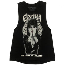 Load image into Gallery viewer, front of Elvira Mistress of the Dark tank top/sleeveless t-shirt. Shirt features bats and Elvira in a coffin shaped design.
