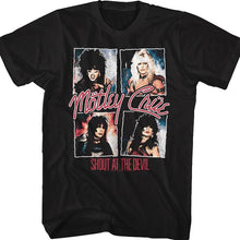 Load image into Gallery viewer, black unisex motley crue shirt with logo and shout at the devil album cover art and text that reads &quot;shout at the devil&quot;
