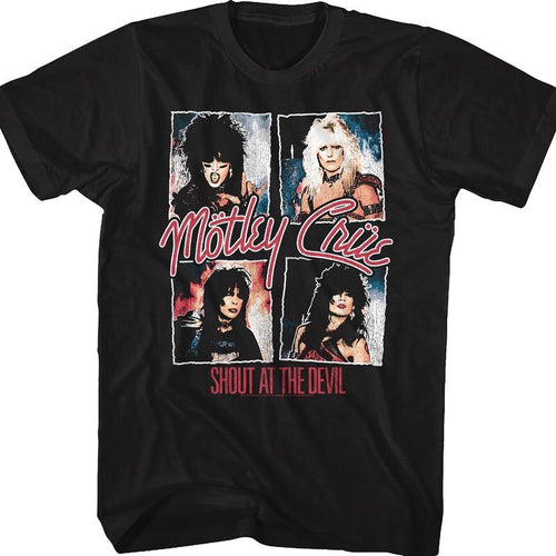 black unisex motley crue shirt with logo and shout at the devil album cover art and text that reads 