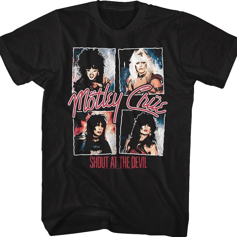 black unisex motley crue shirt with logo and shout at the devil album cover art and text that reads 