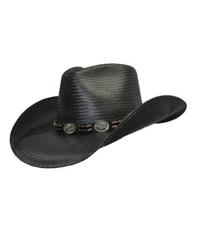 Black semi shiny straw material cowboy hat, brown two row bead design with multiple metal conchos around brim