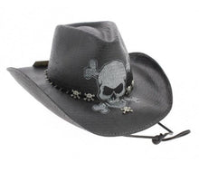 Load image into Gallery viewer, Black shantung panama straw material cowboy hat with painted on skull and cross bones with skull and crossbones metal charms along brim

