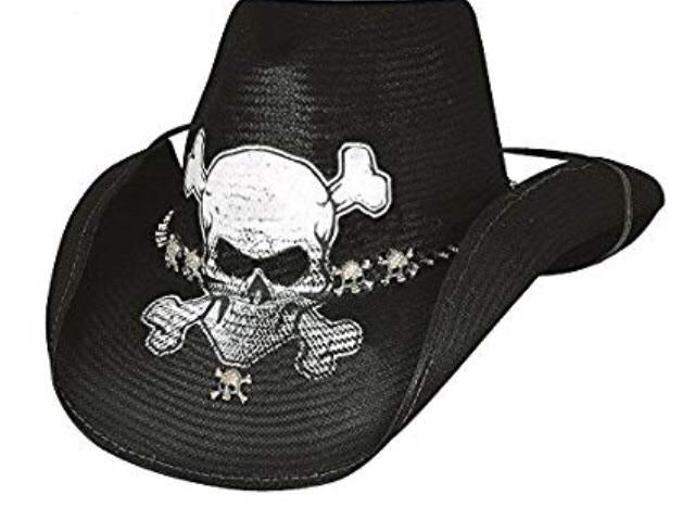 Black shantung panama straw material cowboy hat with painted on skull and cross bones with skull and crossbones metal charms along brim