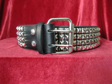 Load image into Gallery viewer, wide width black leather belt with four rows of silver pyramid studs. shows silver adjustable buckle
