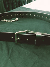 Load image into Gallery viewer, black bondage belt with silver hanging o rings and silver hanging chain
