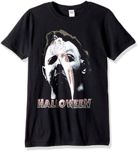 Load image into Gallery viewer, halloween movie shirt with mike myers mask and knife graphic with text that reads &quot;halloween&quot;
