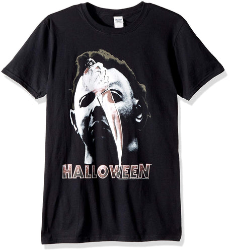 halloween movie shirt with mike myers mask and knife graphic with text that reads 