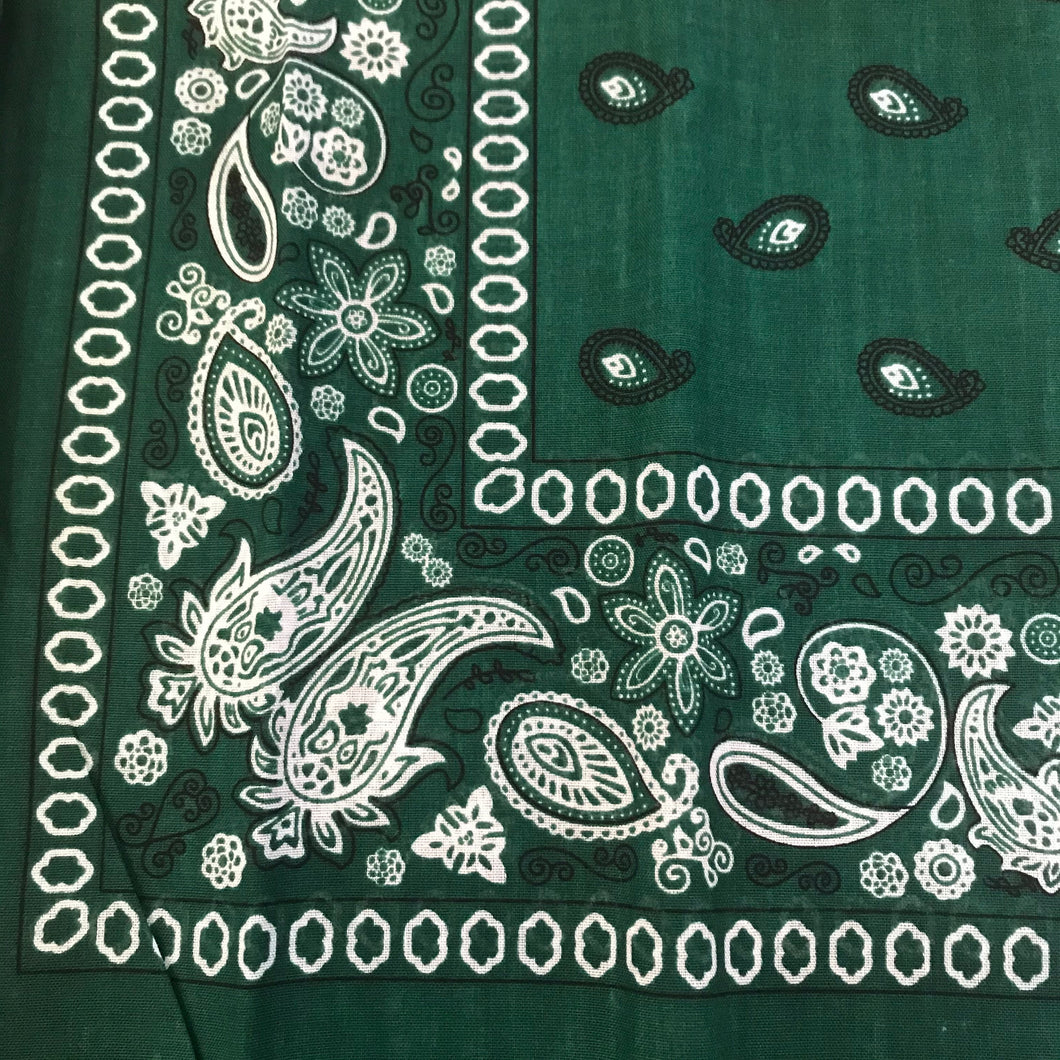 Dark green bandana with black and white paisley print.