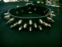 Load image into Gallery viewer, Black leather collar with three rows of silver 1/2&quot; tree spikes.
