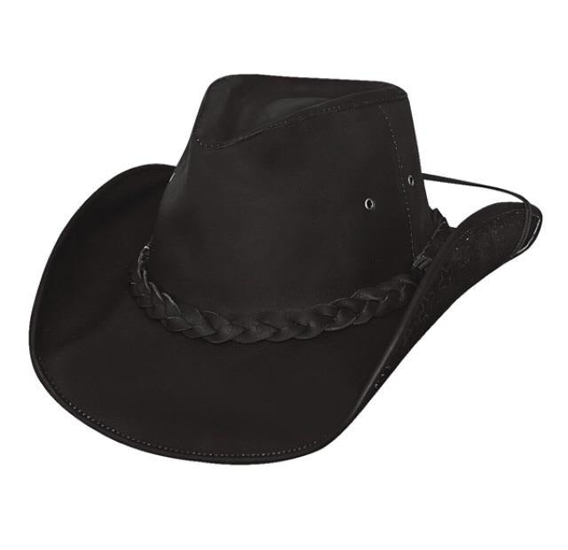 Real black leather, braided leather around base of hat