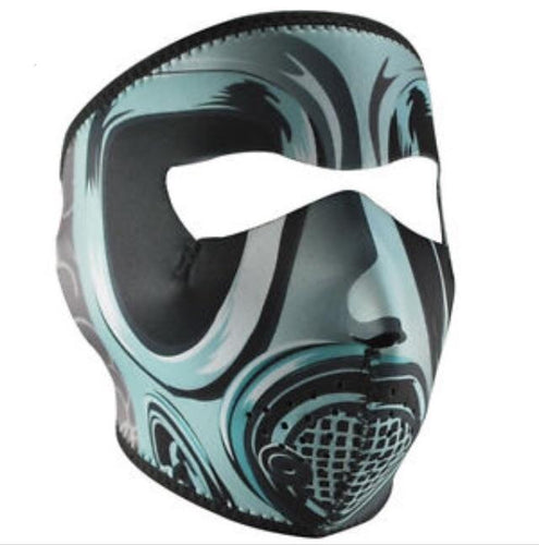 Full face riding mask with white/gray/blue gas mask design on front side. Can be reversed to an all black side.