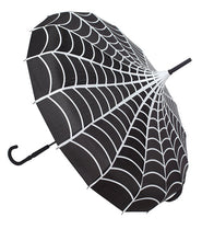 Load image into Gallery viewer, side view of Vintage-inspired classic shape, black umbrella with white spiderwebs, featuring a domed top to shield you from the rain or sun, with a slender, black J-shaped handle.
