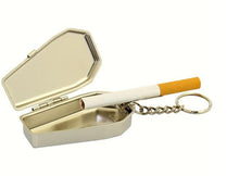Load image into Gallery viewer, front top view of silver coffin shaped ashtray on hanging short chain keychain. Coffin opens and turns into an ashtray. Ashtray is open in this picture
