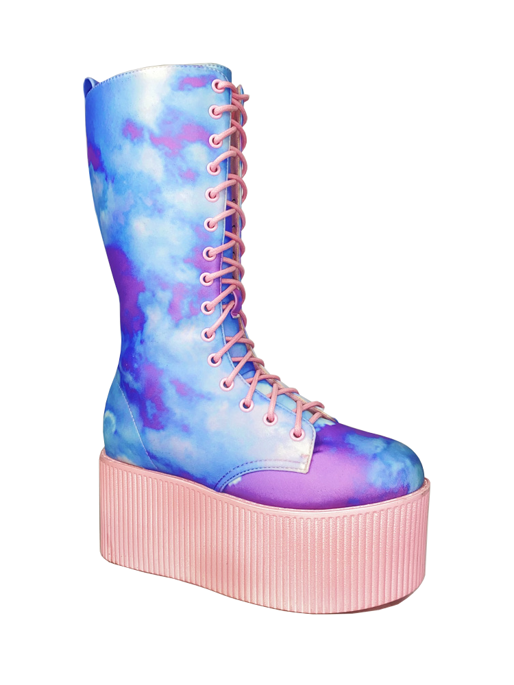 outer view of printed blue, purple, pink pastel upper, pink molded outsole, pink enamel eyelets and pink round lace boot. Boot has full lace-up front and full inner side zip.