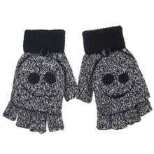 Load image into Gallery viewer, Black and white speckled fingerless gloves with Jack Skellington faces embroidered on, and glove has finger covers that button or unbutton to cover fingers.
