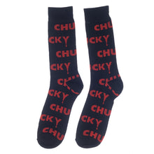 Load image into Gallery viewer, all black with red chucky logo mid calf crew socks
