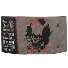 Load image into Gallery viewer, back of IT Pennywise wallet with pennywise the clown picture and text that reads &quot;come home&quot;
