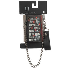 Load image into Gallery viewer, back of IT Pennywise wallet with pennywise the clown picture and text that reads &quot;come home&quot;
