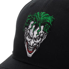Load image into Gallery viewer, embroidered comic book joker face on black hat
