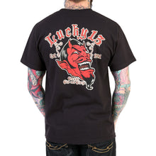 Load image into Gallery viewer, back of Black Lucky 13 t-shirt with a full back print of the &quot;Grease, Gas &amp; Glory&quot; Devil Head design, and a front left chest print.
