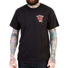 Load image into Gallery viewer, front of Black Lucky 13 t-shirt with a full back print of the &quot;Grease, Gas &amp; Glory&quot; Devil Head design, and a front left chest print.

