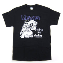 Load image into Gallery viewer, (front side of shirt) black unisex misfits shirt with purple logo on top and die, die my darling single album art cover in middle 
