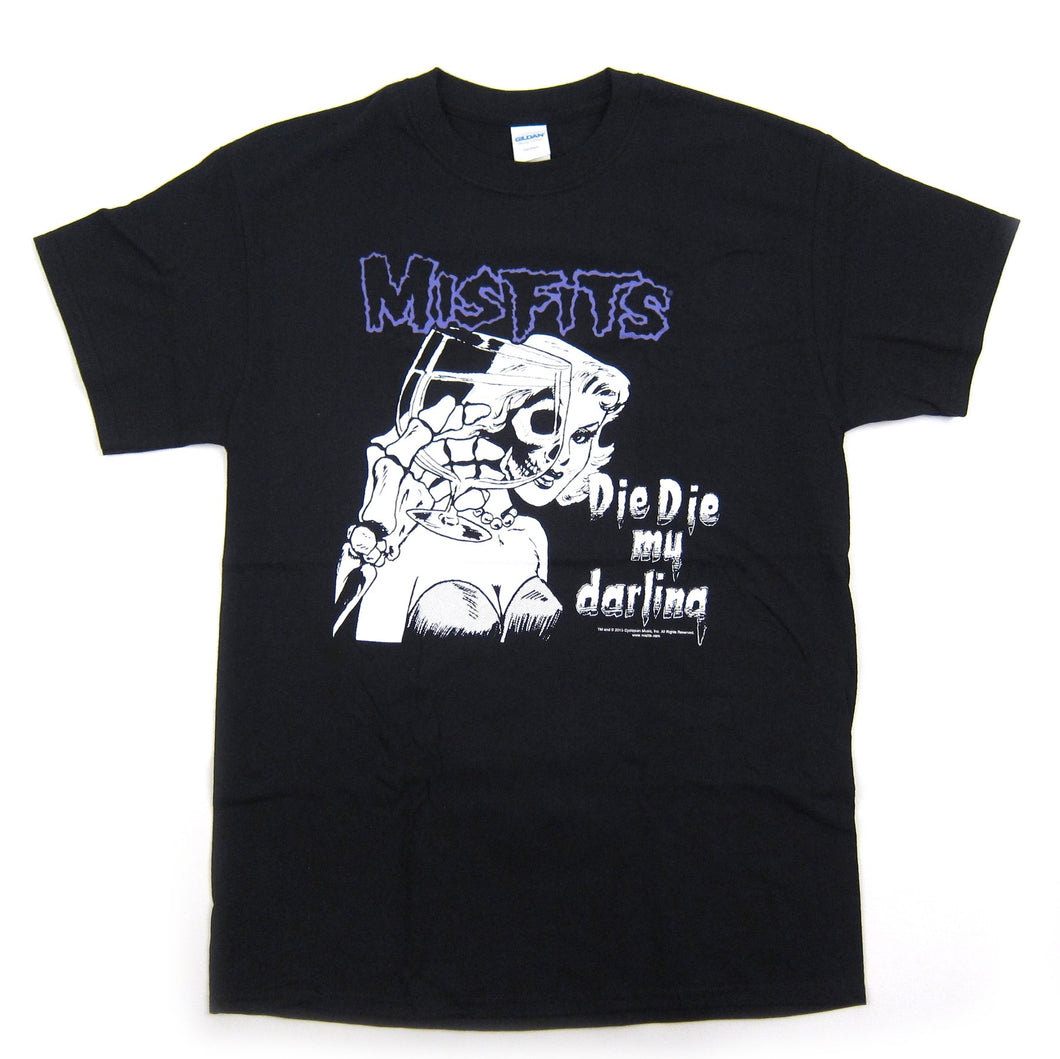 (front side of shirt) black unisex misfits shirt with purple logo on top and die, die my darling single album art cover in middle 